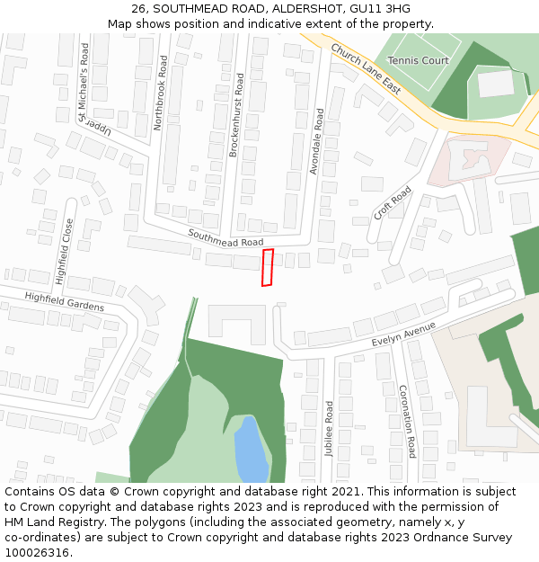 26, SOUTHMEAD ROAD, ALDERSHOT, GU11 3HG: Location map and indicative extent of plot