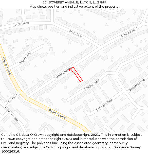 26, SOWERBY AVENUE, LUTON, LU2 8AF: Location map and indicative extent of plot