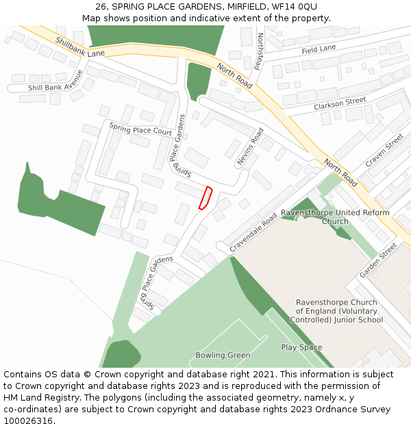 26, SPRING PLACE GARDENS, MIRFIELD, WF14 0QU: Location map and indicative extent of plot
