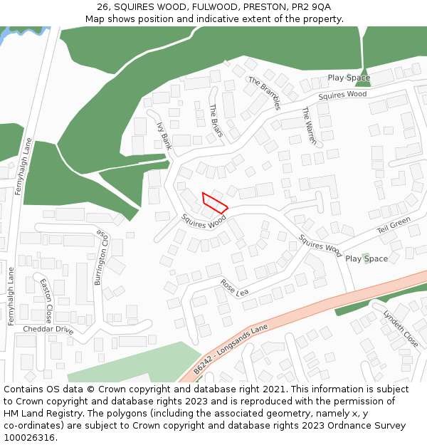 26, SQUIRES WOOD, FULWOOD, PRESTON, PR2 9QA: Location map and indicative extent of plot