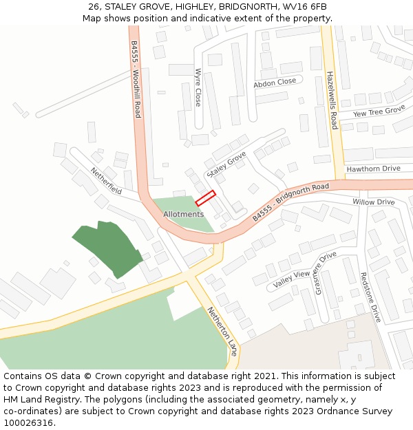 26, STALEY GROVE, HIGHLEY, BRIDGNORTH, WV16 6FB: Location map and indicative extent of plot