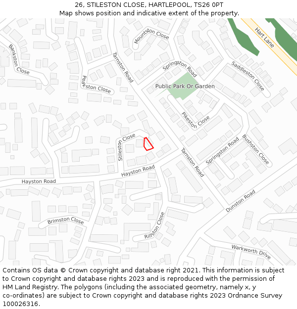 26, STILESTON CLOSE, HARTLEPOOL, TS26 0PT: Location map and indicative extent of plot