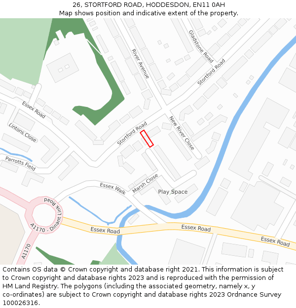 26, STORTFORD ROAD, HODDESDON, EN11 0AH: Location map and indicative extent of plot