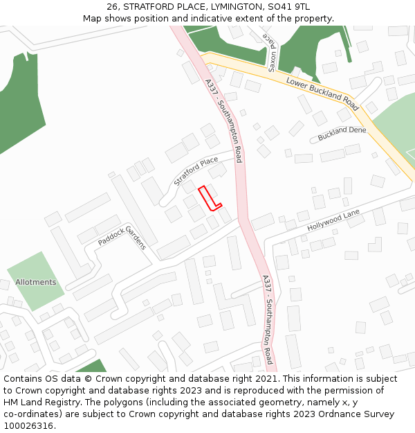 26, STRATFORD PLACE, LYMINGTON, SO41 9TL: Location map and indicative extent of plot