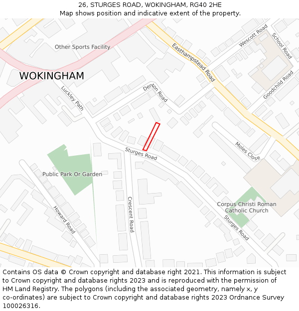 26, STURGES ROAD, WOKINGHAM, RG40 2HE: Location map and indicative extent of plot