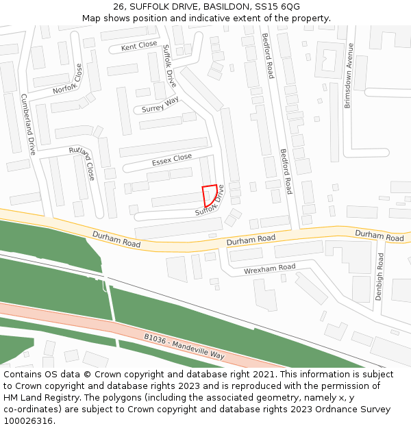 26, SUFFOLK DRIVE, BASILDON, SS15 6QG: Location map and indicative extent of plot
