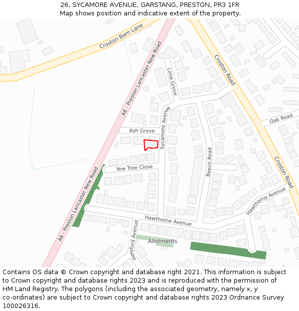 26, SYCAMORE AVENUE, GARSTANG, PRESTON, PR3 1FR: Location map and indicative extent of plot