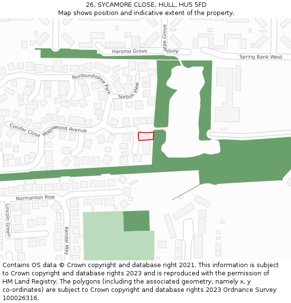 26, SYCAMORE CLOSE, HULL, HU5 5FD: Location map and indicative extent of plot
