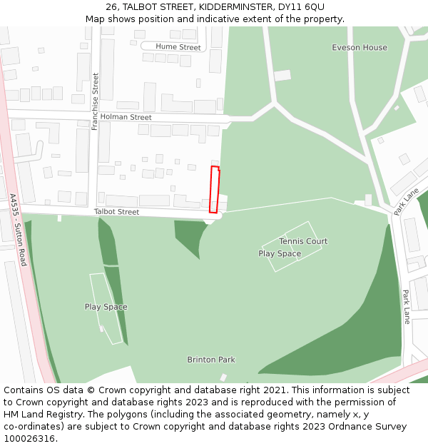 26, TALBOT STREET, KIDDERMINSTER, DY11 6QU: Location map and indicative extent of plot