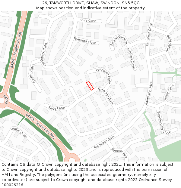 26, TAMWORTH DRIVE, SHAW, SWINDON, SN5 5QG: Location map and indicative extent of plot