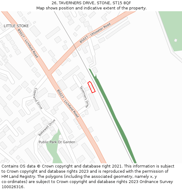 26, TAVERNERS DRIVE, STONE, ST15 8QF: Location map and indicative extent of plot