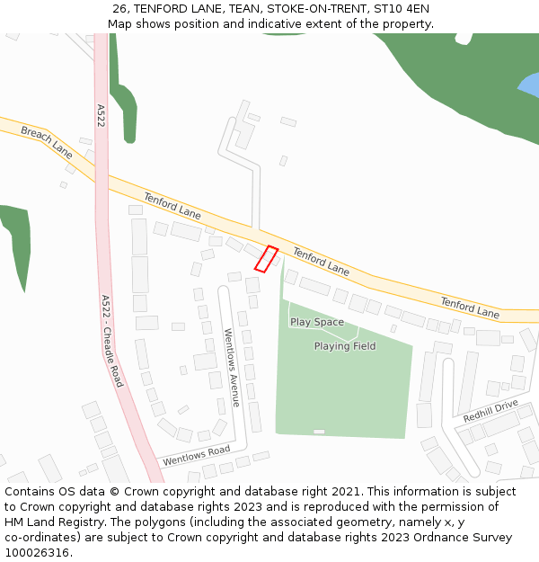 26, TENFORD LANE, TEAN, STOKE-ON-TRENT, ST10 4EN: Location map and indicative extent of plot