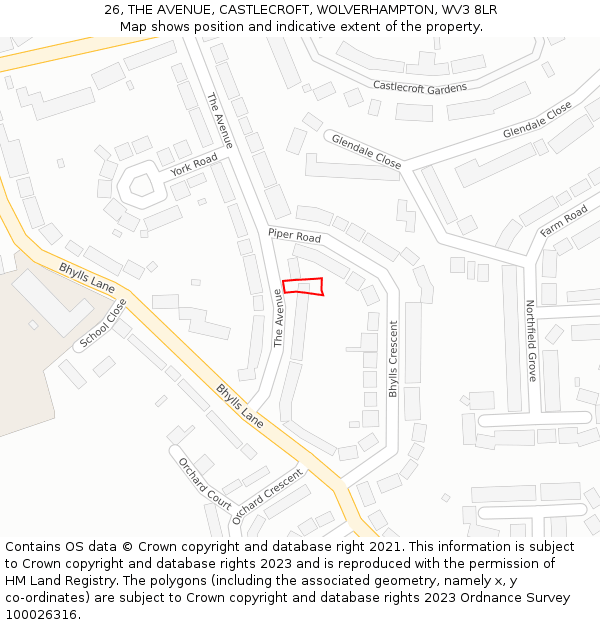 26, THE AVENUE, CASTLECROFT, WOLVERHAMPTON, WV3 8LR: Location map and indicative extent of plot