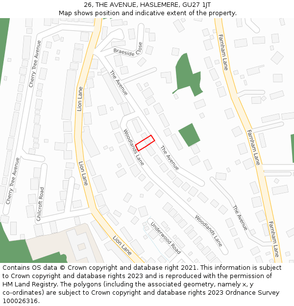 26, THE AVENUE, HASLEMERE, GU27 1JT: Location map and indicative extent of plot