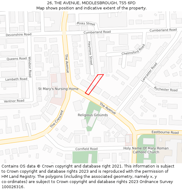 26, THE AVENUE, MIDDLESBROUGH, TS5 6PD: Location map and indicative extent of plot