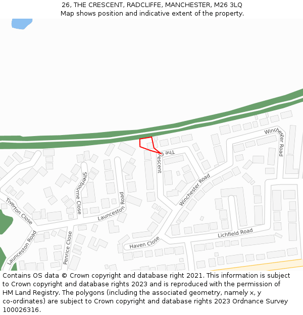 26, THE CRESCENT, RADCLIFFE, MANCHESTER, M26 3LQ: Location map and indicative extent of plot