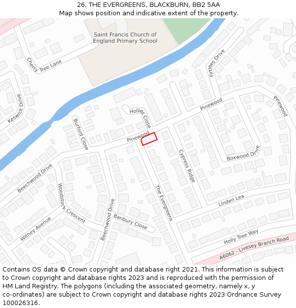 26, THE EVERGREENS, BLACKBURN, BB2 5AA: Location map and indicative extent of plot