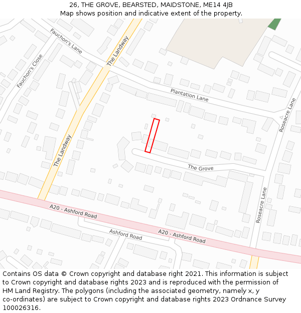 26, THE GROVE, BEARSTED, MAIDSTONE, ME14 4JB: Location map and indicative extent of plot