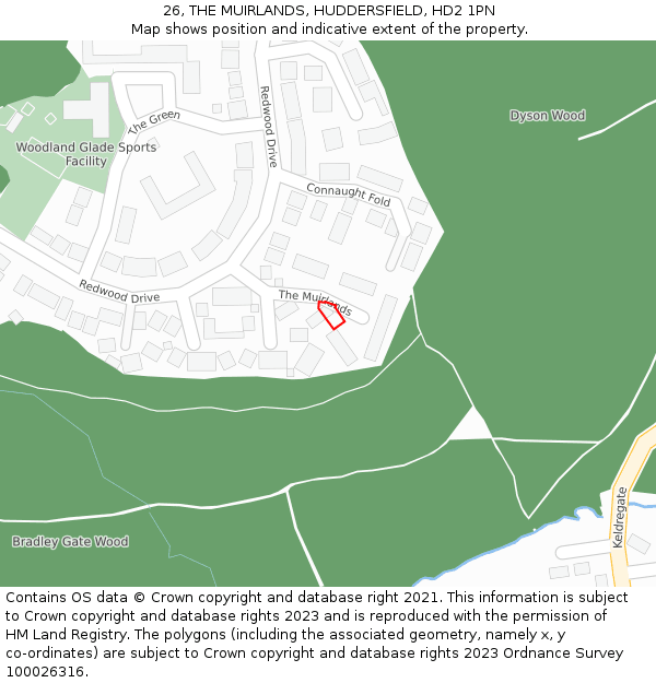 26, THE MUIRLANDS, HUDDERSFIELD, HD2 1PN: Location map and indicative extent of plot