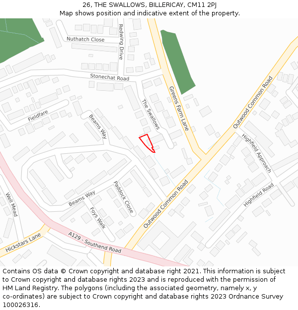26, THE SWALLOWS, BILLERICAY, CM11 2PJ: Location map and indicative extent of plot