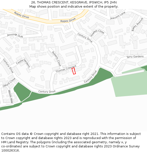 26, THOMAS CRESCENT, KESGRAVE, IPSWICH, IP5 2HN: Location map and indicative extent of plot