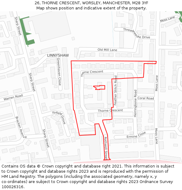 26, THORNE CRESCENT, WORSLEY, MANCHESTER, M28 3YF: Location map and indicative extent of plot