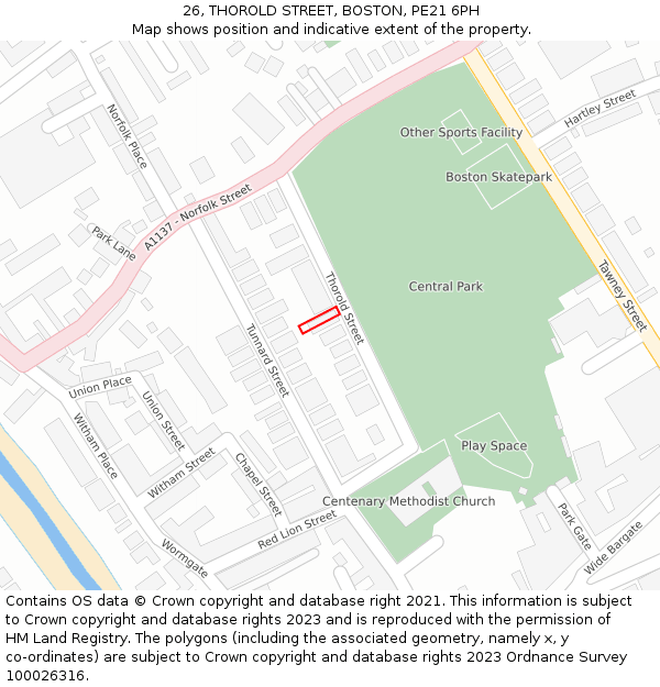 26, THOROLD STREET, BOSTON, PE21 6PH: Location map and indicative extent of plot