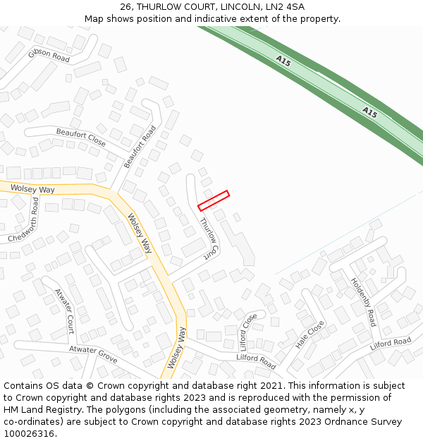 26, THURLOW COURT, LINCOLN, LN2 4SA: Location map and indicative extent of plot