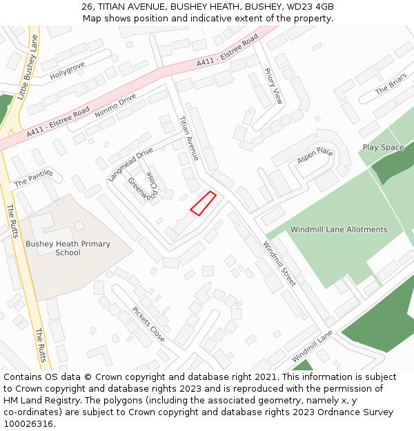 26, TITIAN AVENUE, BUSHEY HEATH, BUSHEY, WD23 4GB: Location map and indicative extent of plot