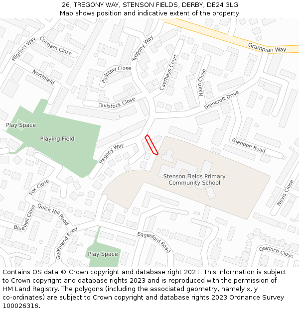 26, TREGONY WAY, STENSON FIELDS, DERBY, DE24 3LG: Location map and indicative extent of plot