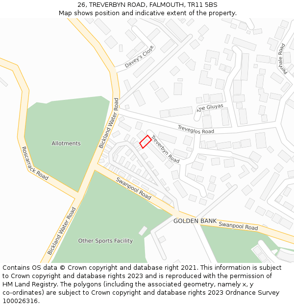 26, TREVERBYN ROAD, FALMOUTH, TR11 5BS: Location map and indicative extent of plot