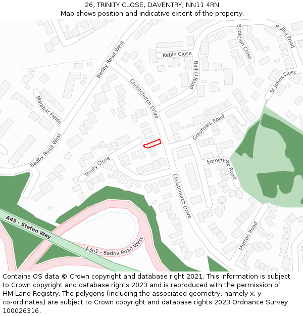 26, TRINITY CLOSE, DAVENTRY, NN11 4RN: Location map and indicative extent of plot