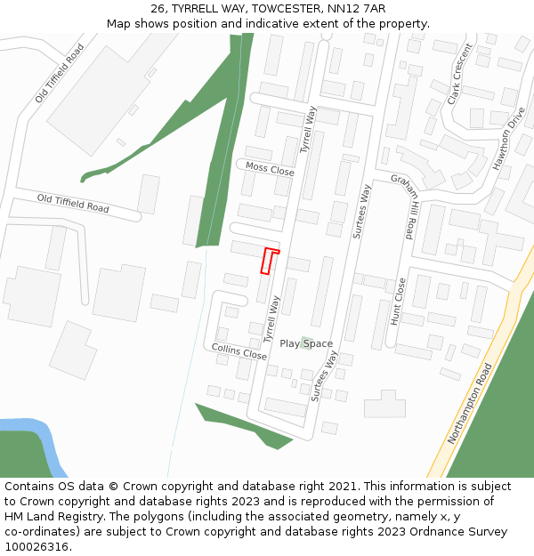 26, TYRRELL WAY, TOWCESTER, NN12 7AR: Location map and indicative extent of plot