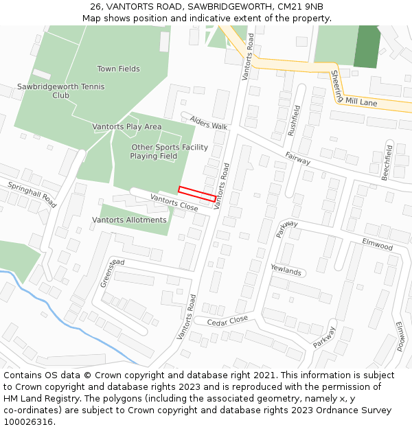 26, VANTORTS ROAD, SAWBRIDGEWORTH, CM21 9NB: Location map and indicative extent of plot