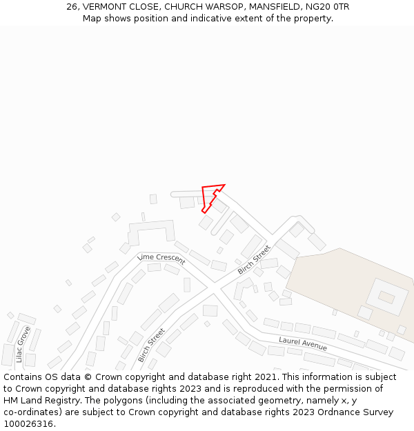 26, VERMONT CLOSE, CHURCH WARSOP, MANSFIELD, NG20 0TR: Location map and indicative extent of plot