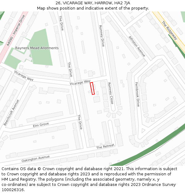 26, VICARAGE WAY, HARROW, HA2 7JA: Location map and indicative extent of plot