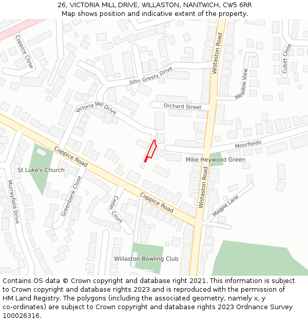 26, VICTORIA MILL DRIVE, WILLASTON, NANTWICH, CW5 6RR: Location map and indicative extent of plot