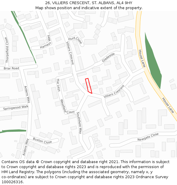 26, VILLIERS CRESCENT, ST. ALBANS, AL4 9HY: Location map and indicative extent of plot