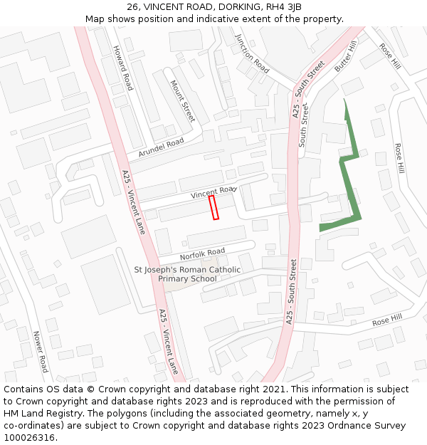 26, VINCENT ROAD, DORKING, RH4 3JB: Location map and indicative extent of plot
