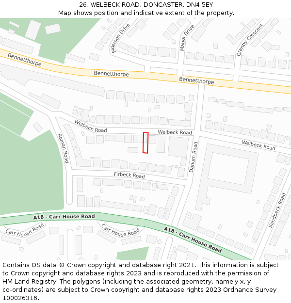 26, WELBECK ROAD, DONCASTER, DN4 5EY: Location map and indicative extent of plot