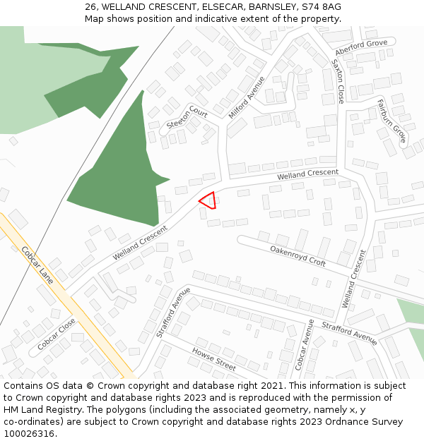 26, WELLAND CRESCENT, ELSECAR, BARNSLEY, S74 8AG: Location map and indicative extent of plot