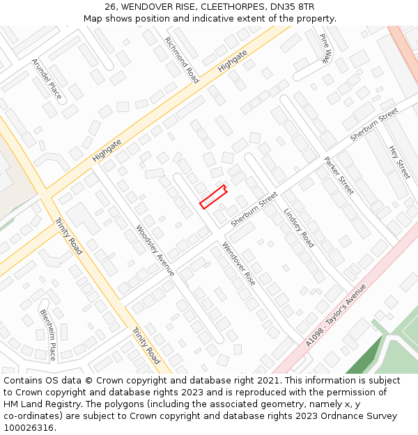 26, WENDOVER RISE, CLEETHORPES, DN35 8TR: Location map and indicative extent of plot