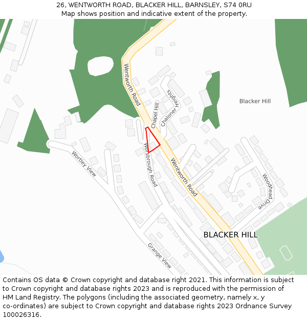 26, WENTWORTH ROAD, BLACKER HILL, BARNSLEY, S74 0RU: Location map and indicative extent of plot