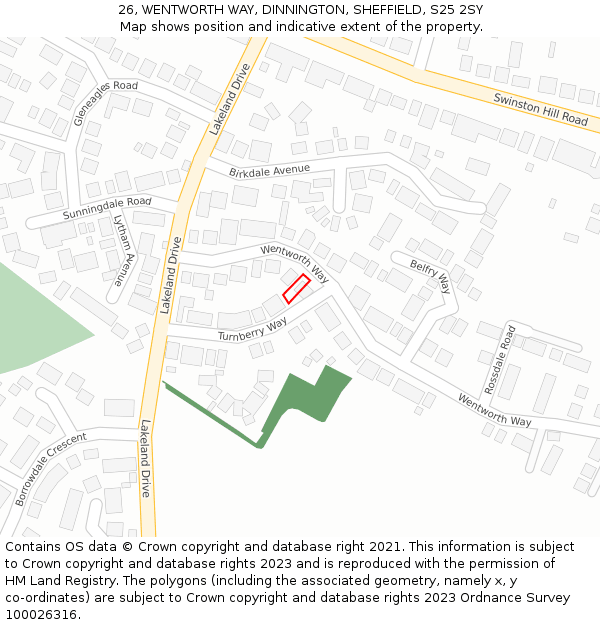 26, WENTWORTH WAY, DINNINGTON, SHEFFIELD, S25 2SY: Location map and indicative extent of plot