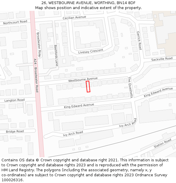 26, WESTBOURNE AVENUE, WORTHING, BN14 8DF: Location map and indicative extent of plot