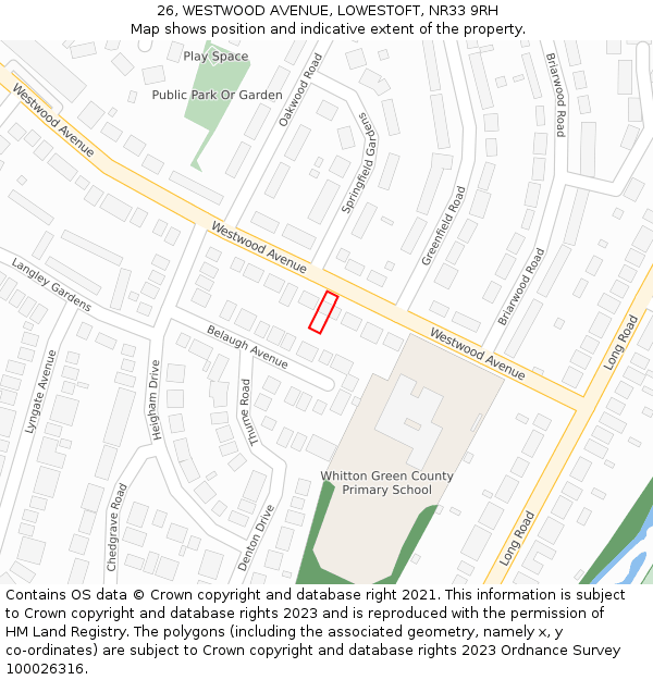 26, WESTWOOD AVENUE, LOWESTOFT, NR33 9RH: Location map and indicative extent of plot