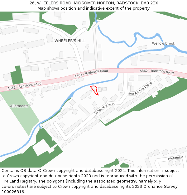 26, WHEELERS ROAD, MIDSOMER NORTON, RADSTOCK, BA3 2BX: Location map and indicative extent of plot