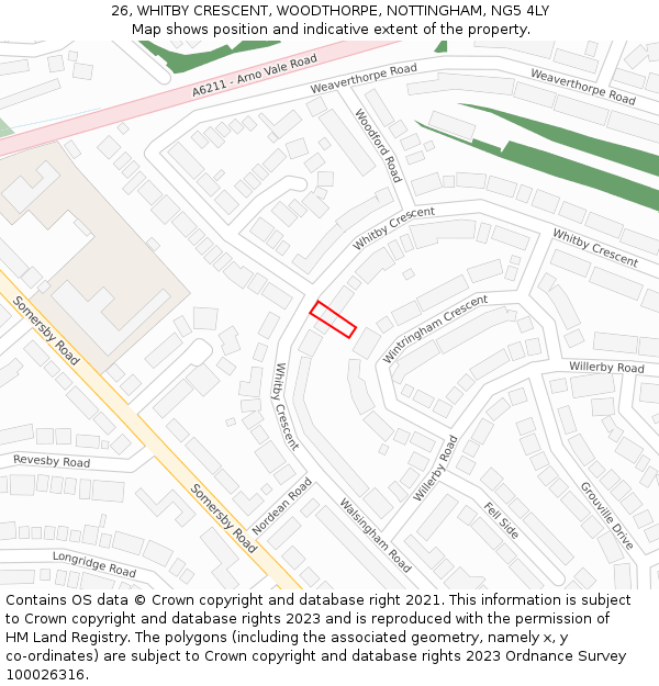 26, WHITBY CRESCENT, WOODTHORPE, NOTTINGHAM, NG5 4LY: Location map and indicative extent of plot