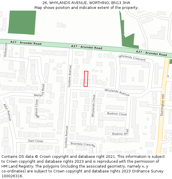 26, WHYLANDS AVENUE, WORTHING, BN13 3HA: Location map and indicative extent of plot