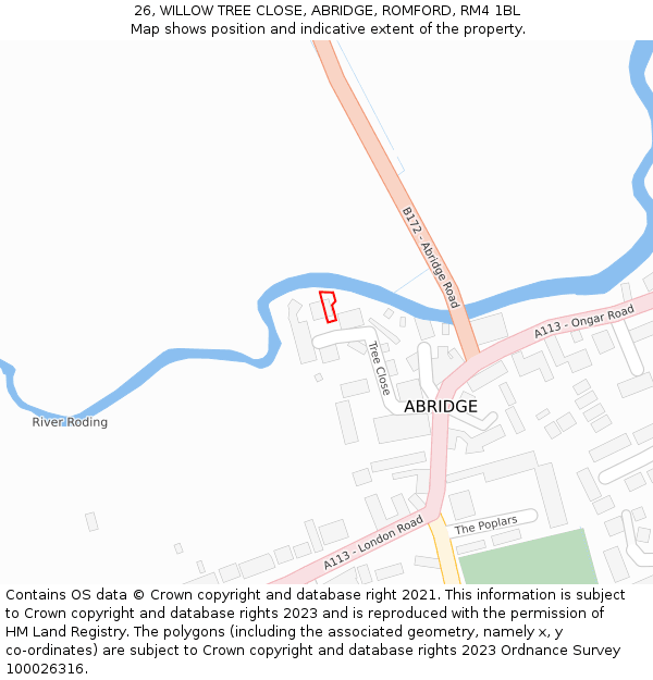 26, WILLOW TREE CLOSE, ABRIDGE, ROMFORD, RM4 1BL: Location map and indicative extent of plot